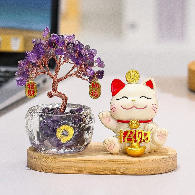 紫水晶发财树桌面好运招财猫摆件