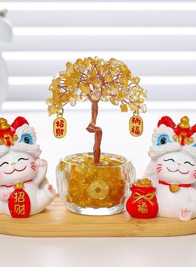 醒狮招财猫高档水晶发财树小摆件