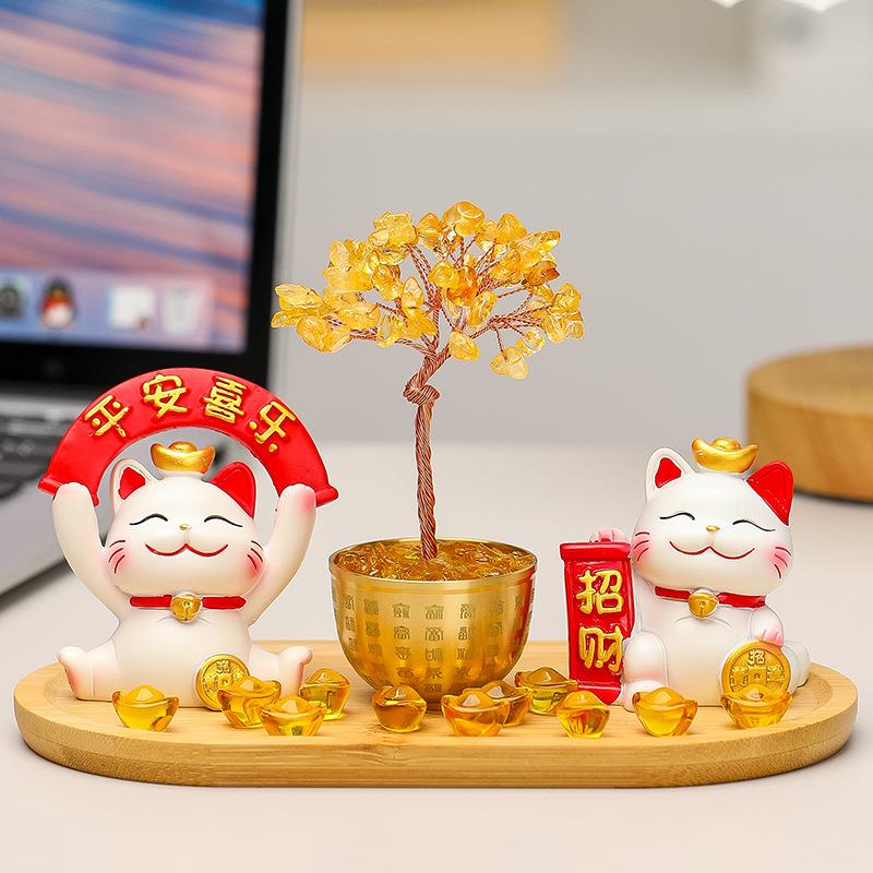 创意黄紫水晶发财树招财猫小摆件