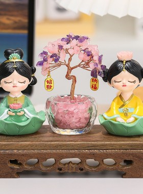 好运莲莲佛系少女水晶发财树摆件