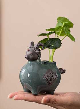 中式萌趣陶瓷羊花瓶水培花器摆件