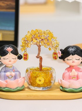 佛系少女好运莲莲水晶树桌面摆件