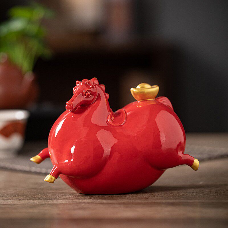 中式马上有钱陶瓷唐马摆件客厅办公室桌面招财生肖马年吉祥物装饰