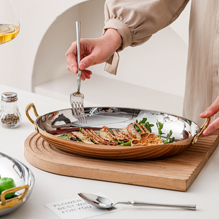 304不锈钢双耳椭圆盘商用酒店餐具深盘西餐餐厅牛排盘法式 餐具盘