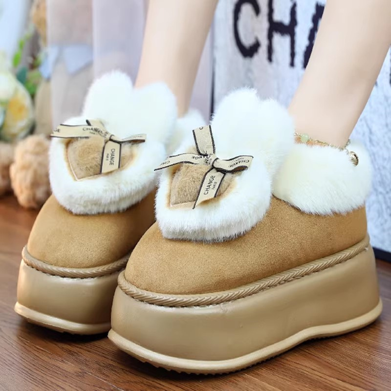 毛绒蝴蝶结包头加厚底坡跟女棉靴厚底保暖防滑外穿棉拖鞋新款冬天