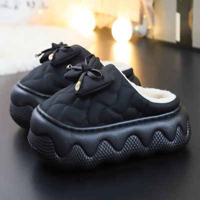 甜美蝴蝶结家居松糕底女冬季保暖毛绒防水棉拖鞋超高跟网红包头拖