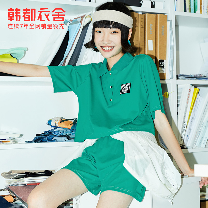 韩都衣舍2023夏装新款女装宽松绿色拼接polo短袖阔腿短裤时尚套装
