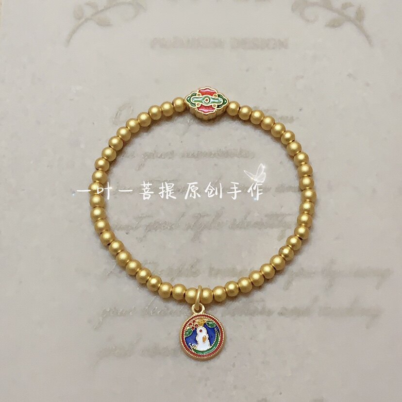 新款热卖本命年转运古法金珠珐琅彩广寒宫月兔如意小兔子串珠手链图片