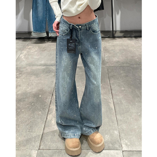 大码美式复古满天星闪闪烫钻牛仔裤女2026春季新款宽松直筒阔腿裤