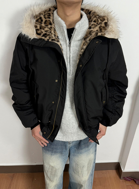 不靠脑子 美式豹纹拼接毛领派克棉服男女加厚防风保暖连帽外套潮