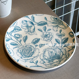 白桃先生 法式印花卉植物玫瑰中古ins风甜品牛排西餐碟早餐盘子