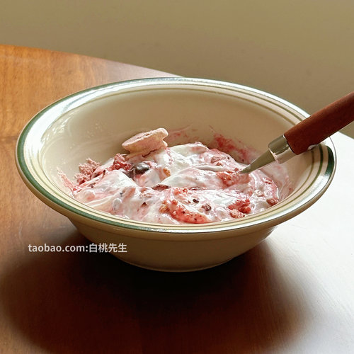 外贸出口特价清仓美式复古陶瓷线条绿色草帽燕麦碗早餐酸奶甜品碗