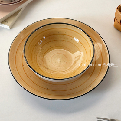 白桃先生 ins手绘陶瓷餐具饭碗泡面10.5大盘子套装泼墨家用餐厅