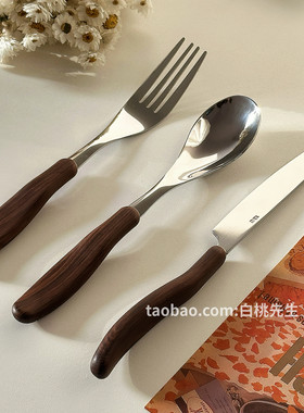 高级不锈钢304西餐刀叉子勺子家用ins甜品吃饭仿木纹套装餐具牛排