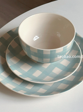 格子英式田园乡村ins陶瓷餐具简约盘子甜品盘子饭碗蓝色紫色好看
