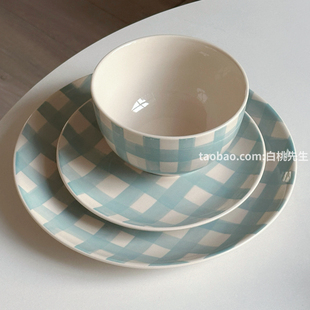 格子英式田园乡村ins陶瓷餐具简约盘子甜品盘子饭碗蓝色紫色好看