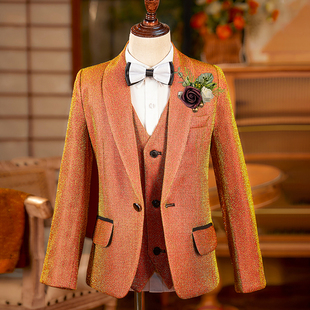 男童礼服套装金色亮片主持人儿童西装男孩走秀舞台模特演出服帅气