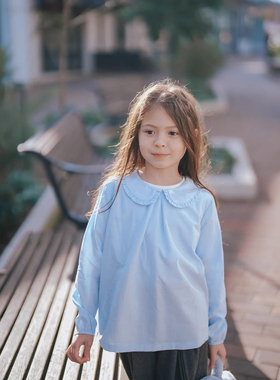 PISELLI史豌豆女童蓝色衬衫2025秋季新款小女孩百搭翻领洋气上衣