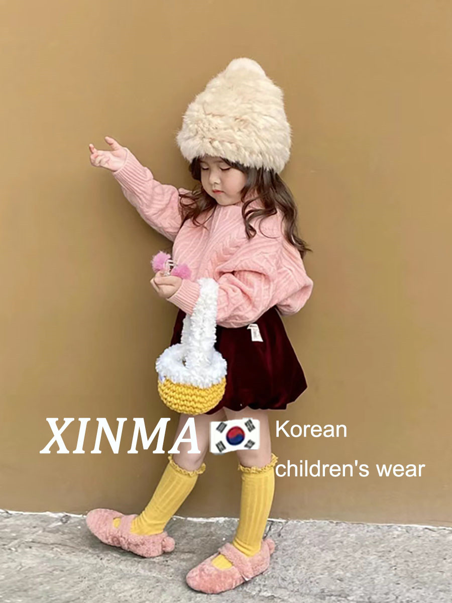 韩国童装女童秋冬款洋气时尚中长款针织毛衣宝宝丝绒花苞裤两件套