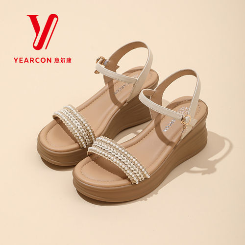 意尔康女鞋夏季新款串珠厚底坡跟凉鞋女舒软百搭松糕休闲时尚凉鞋