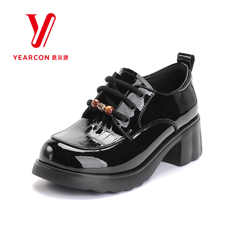 意尔康女鞋黑色亮面乐福鞋粗跟厚底英伦风通勤单鞋
