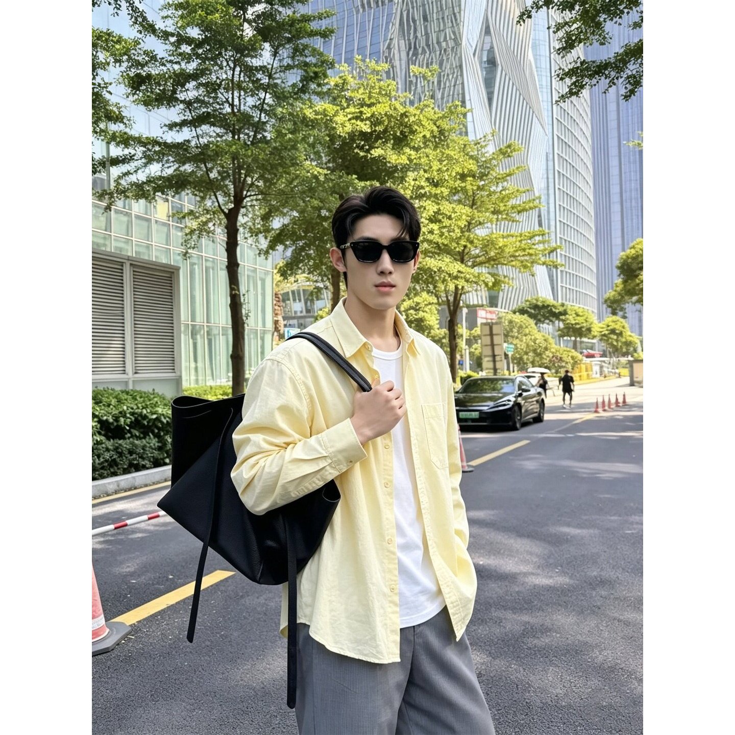 黄色纯棉翻领长袖衬衫男早秋季韩系穿搭简约高级感休闲衬衣薄外套