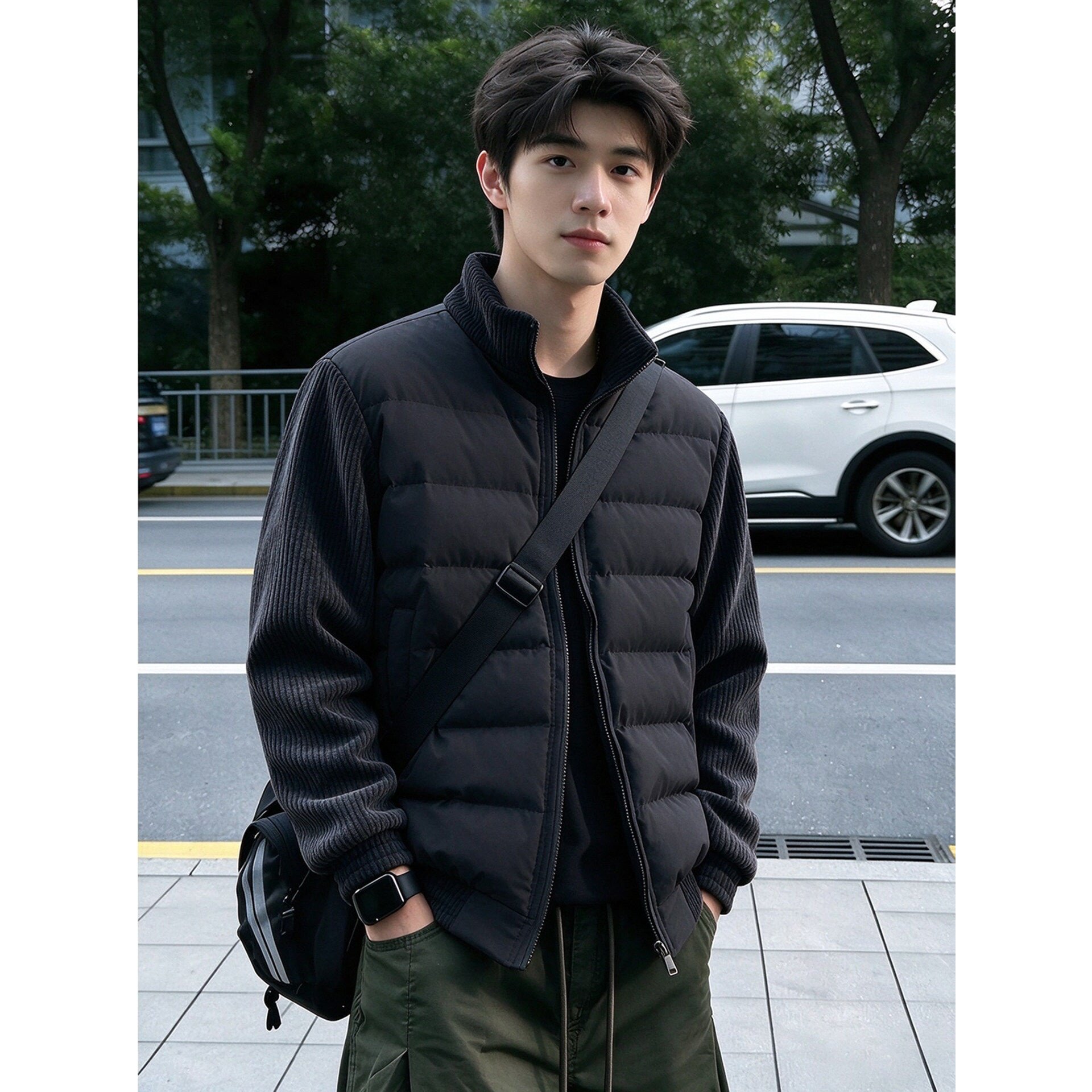 美式黑色排骨羽绒棉服男款冬季针织拼接厚棉外套高级痞帅夹克棉衣