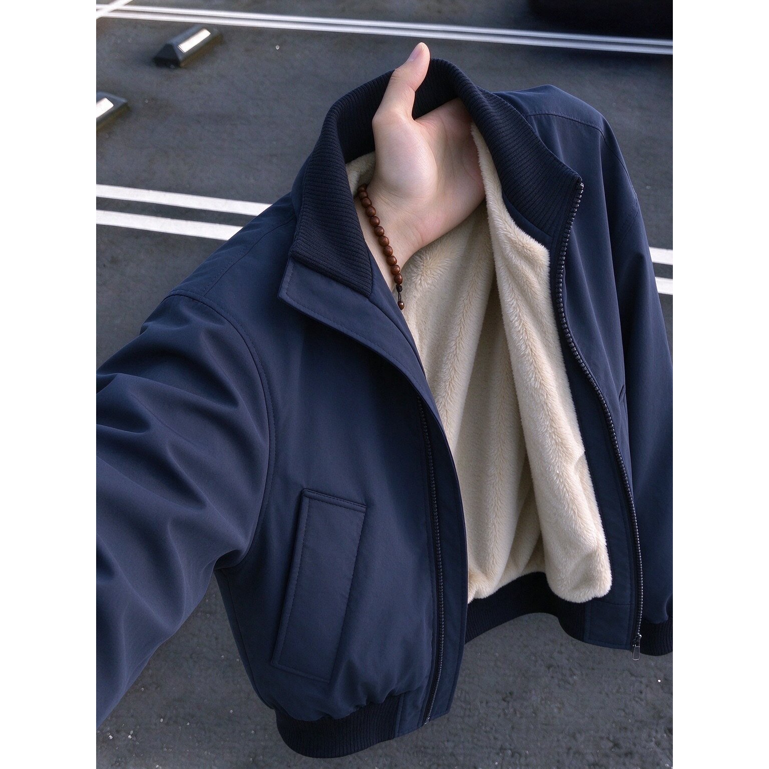 藏青色加绒加厚棉衣外套男秋冬季短款飞行夹克棉服cleanfit棒球服