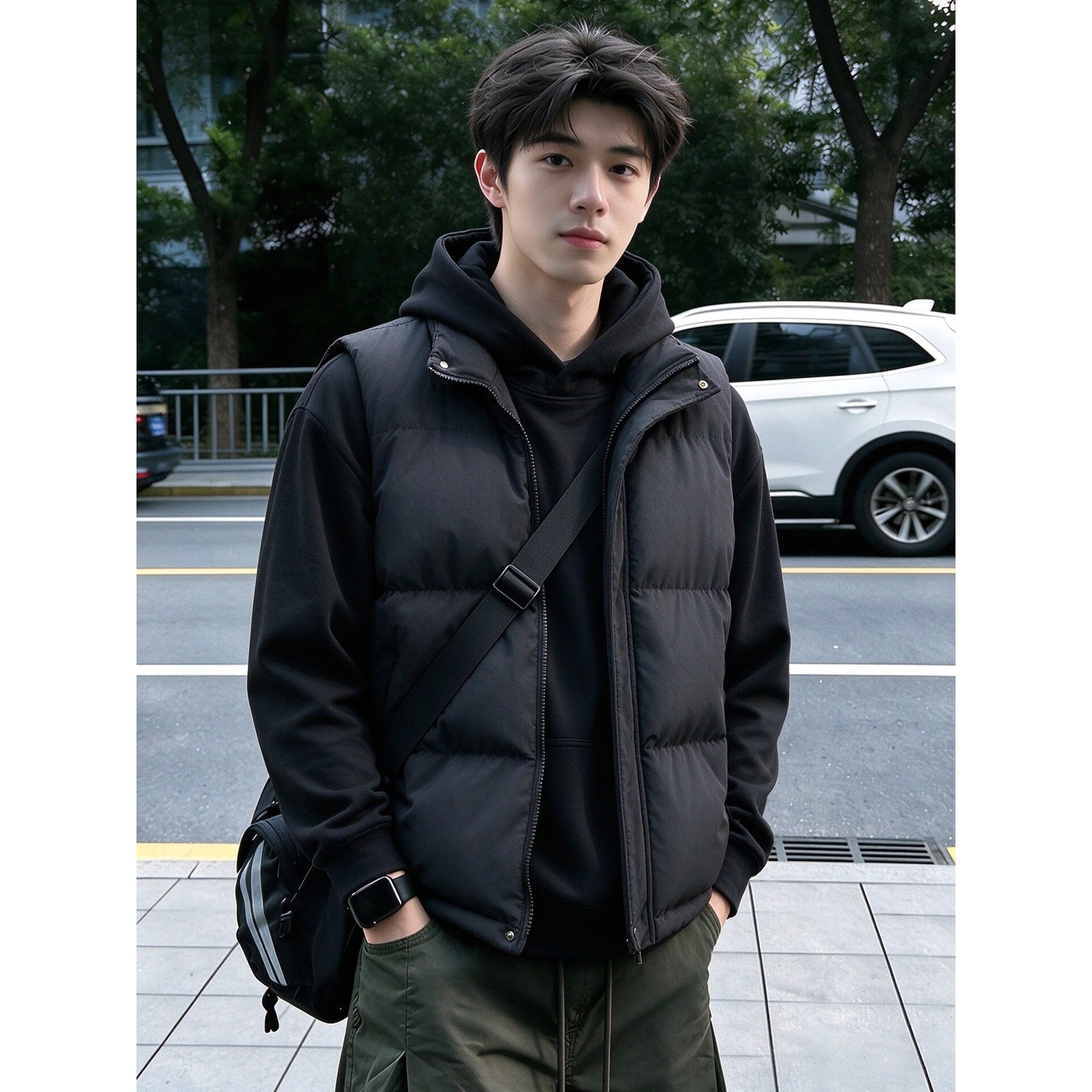 黑色美式羽绒棉马甲男秋冬季短款外穿加厚叠穿高级感坎肩背心外套