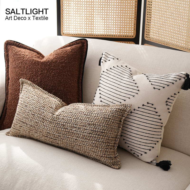 光与盐 咖色客厅沙发腰枕侘寂风民宿样板间软装流苏吊穗抱枕