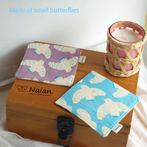 Naian手作老粗布土布双面印花飞鸟波点文艺杯垫蓝色紫色隔热垫