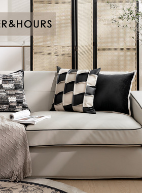 样板间设计师款高端复古风品质黑白棋盘格沙发抱枕卧室床上靠包