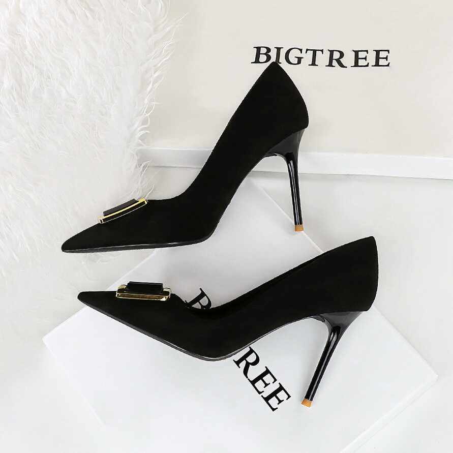 欧美金属方扣高跟鞋女10CM细跟绒面浅口尖头宴会黑色单鞋大码4143