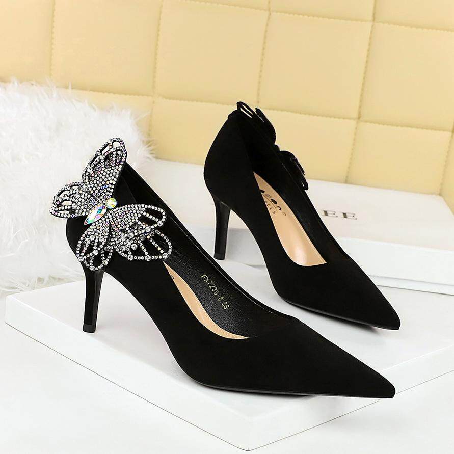韩版蝴蝶扣水钻高跟鞋女绒面尖头浅口大码高级感宴会黑色细跟单鞋