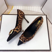 欧美金属扣豹纹高跟鞋 女尖头性感8CM细跟浅口气质御姐风拼色单鞋