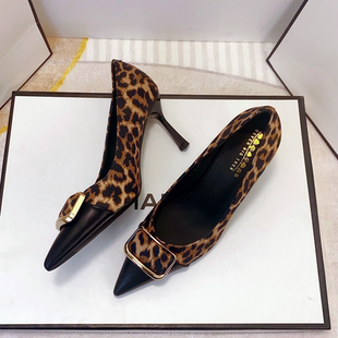 欧美金属扣豹纹高跟鞋女尖头性感8CM细跟浅口气质御姐风拼色单鞋