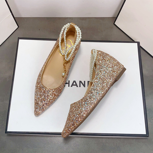 韩版亮片内增高平底鞋女珍珠链一字带坡跟单鞋两穿不累脚新娘婚鞋