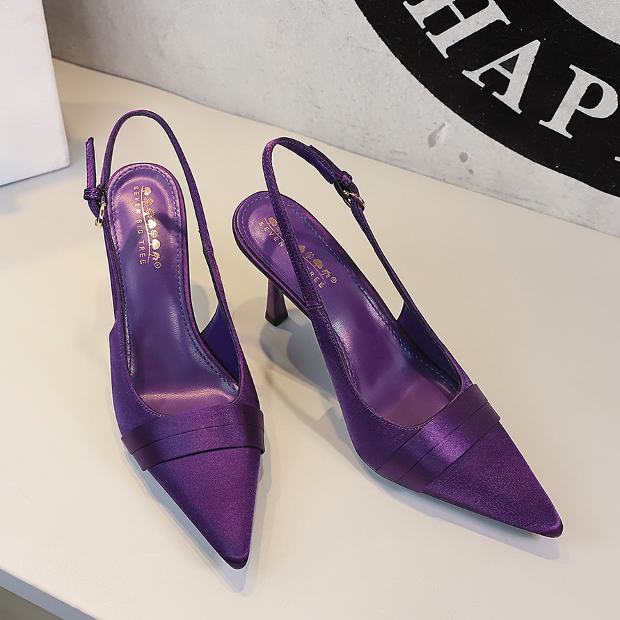 法式绸缎后绊带高跟细跟后空单鞋