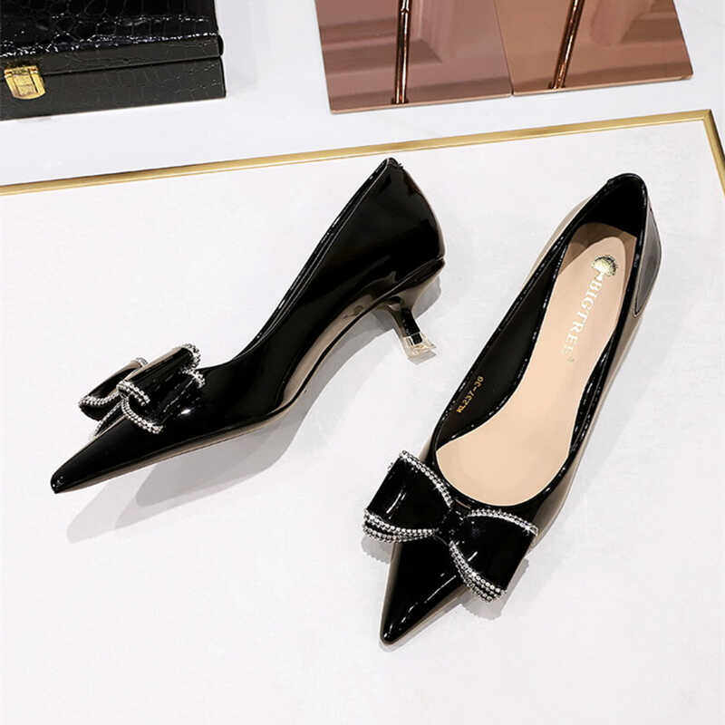 尖头细跟高跟鞋女4cm低跟鞋2024新款春季浅口蝴蝶结黑色气质单鞋