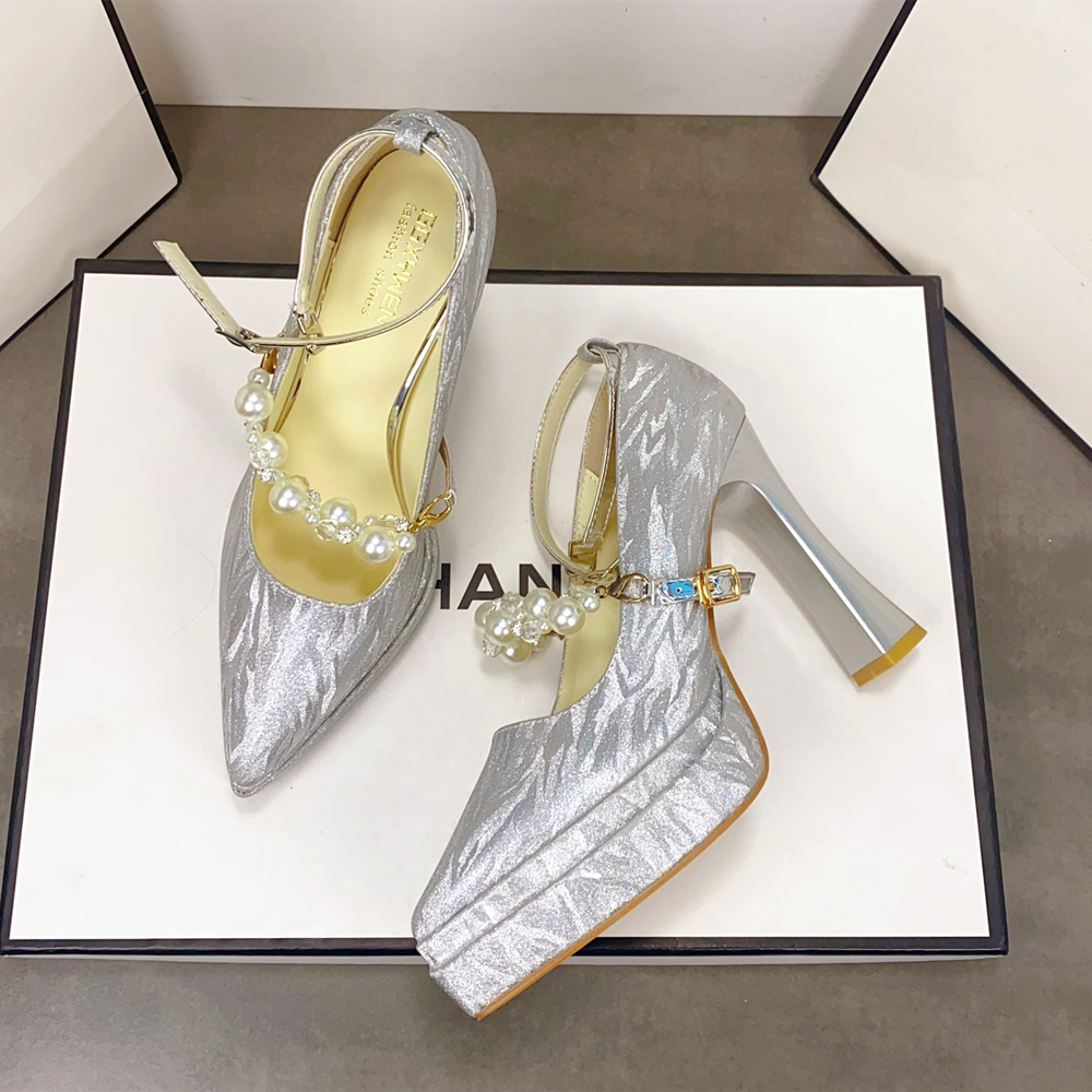 法式珍珠链超高跟鞋女尖头防水台粗跟闪亮渐变银色宴会新娘鞋婚鞋