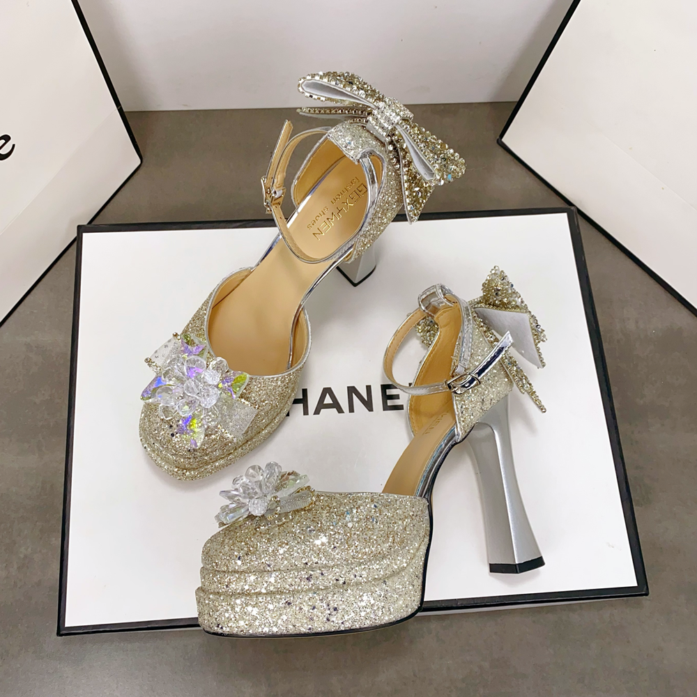 法式水钻高跟鞋女防水台亮片婚鞋