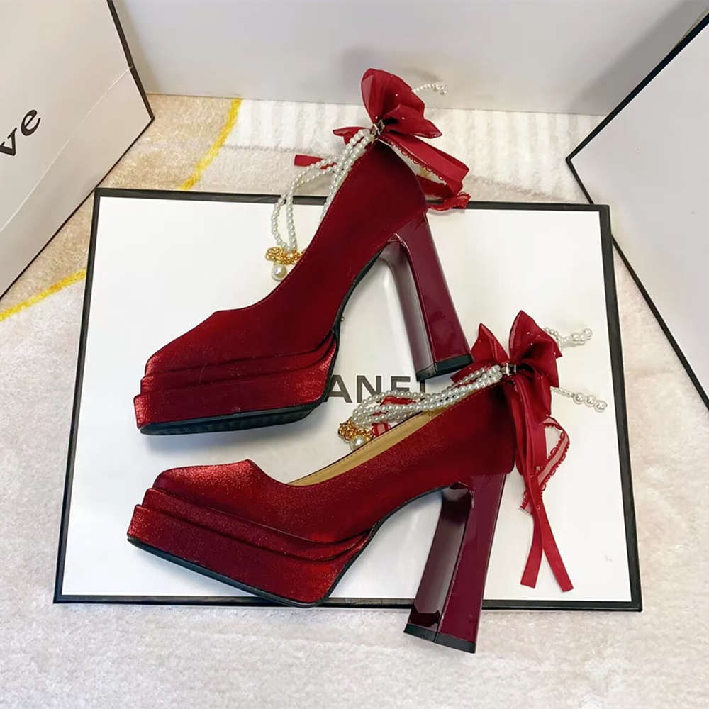 法式蝴蝶结粗跟高跟鞋女防水台厚底名媛风酒红色一字扣带新娘婚鞋