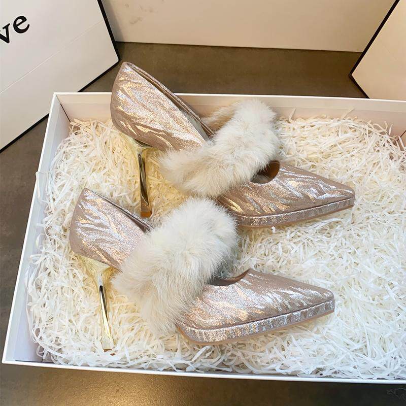 法式毛毛高跟鞋女保暖防水台高级感尖头亮片冬季婚鞋宴会细跟单鞋