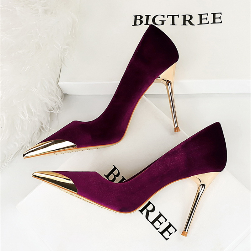 金属尖头西施绒面婚鞋晚礼服单鞋