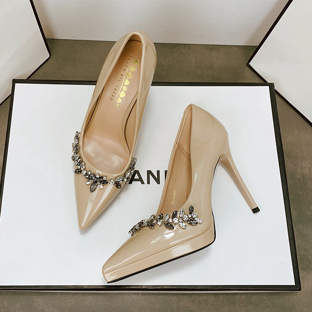 法式水钻防水台尖头细跟超高跟鞋