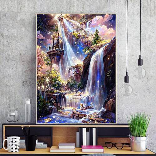 自粘砖石画满钻梦幻流水生财瀑布