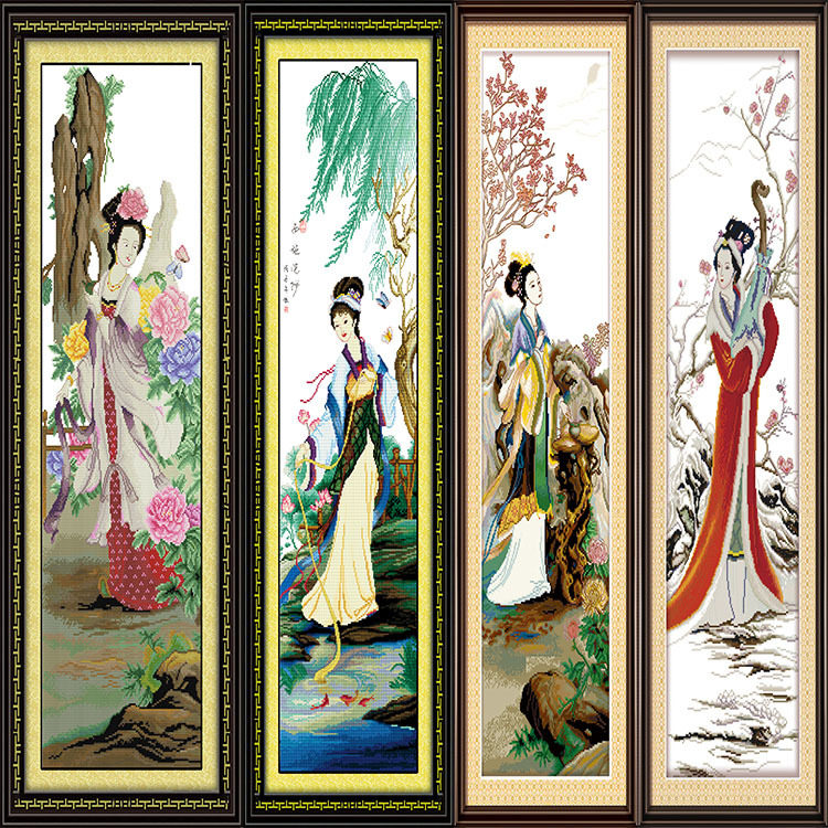 2021新款钻石画满钻油画粘贴钻十字绣客厅卧室点砖四大美女四联画