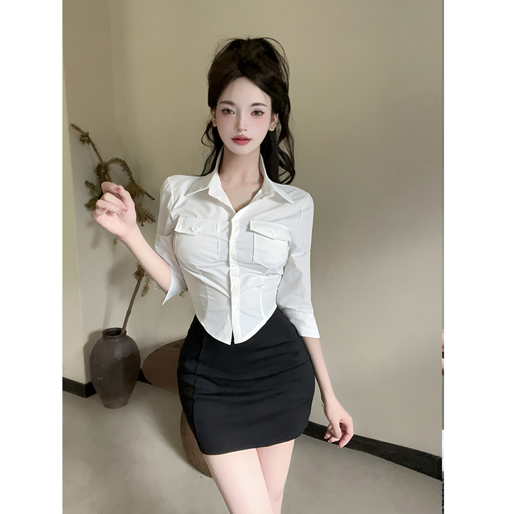 白色纯欲风翻领五分袖衬衫夏季百搭气质上衣包臀裙工作服套装