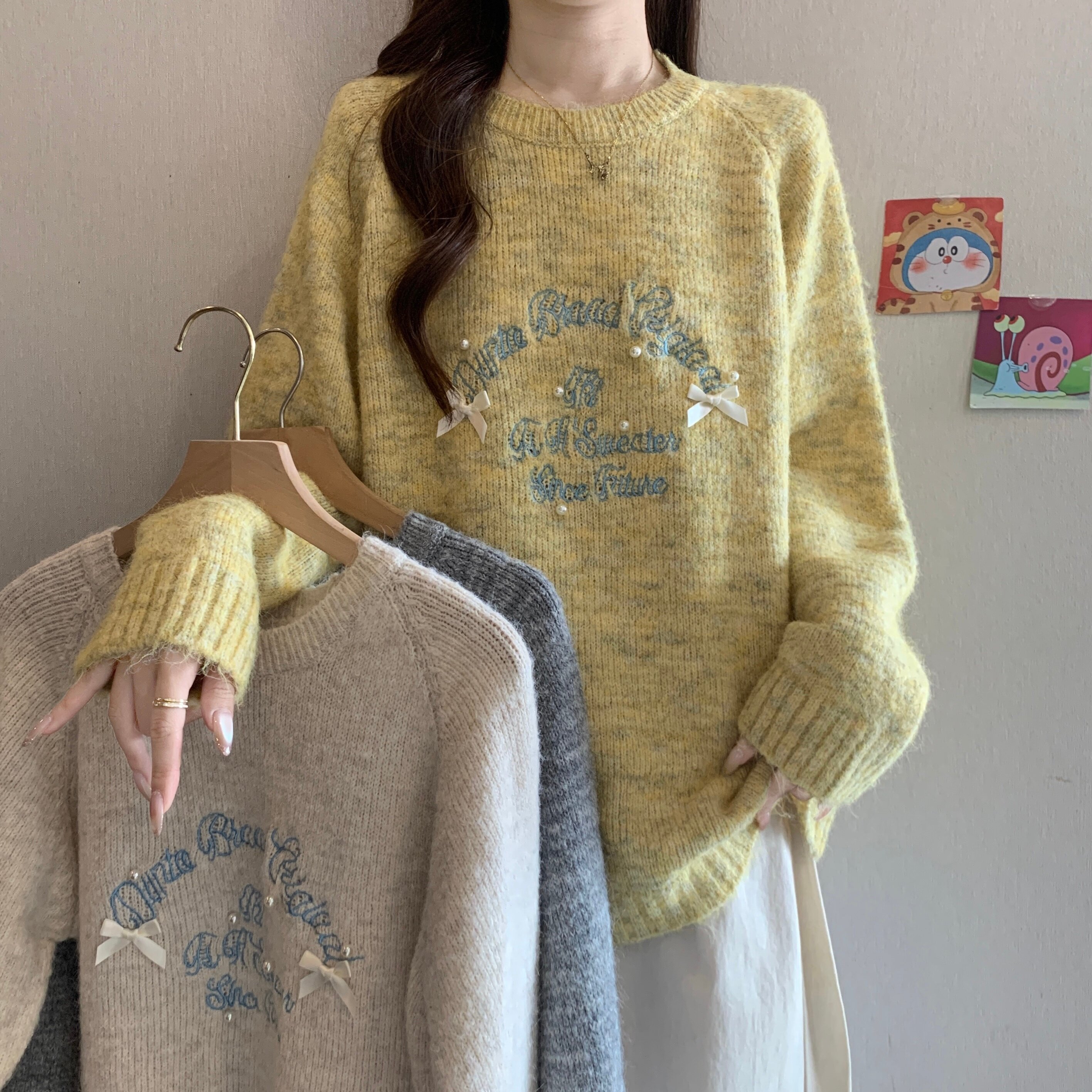 韩系甜美减龄蝴蝶结针织衫女秋冬T恤