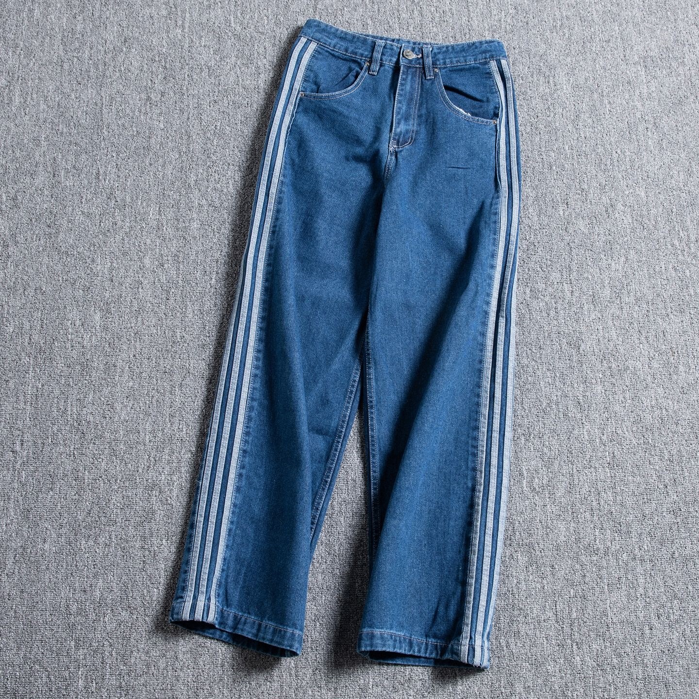 春秋三叶运动长裤男女三条杠经典运动休闲户外直筒宽松散腿牛仔裤